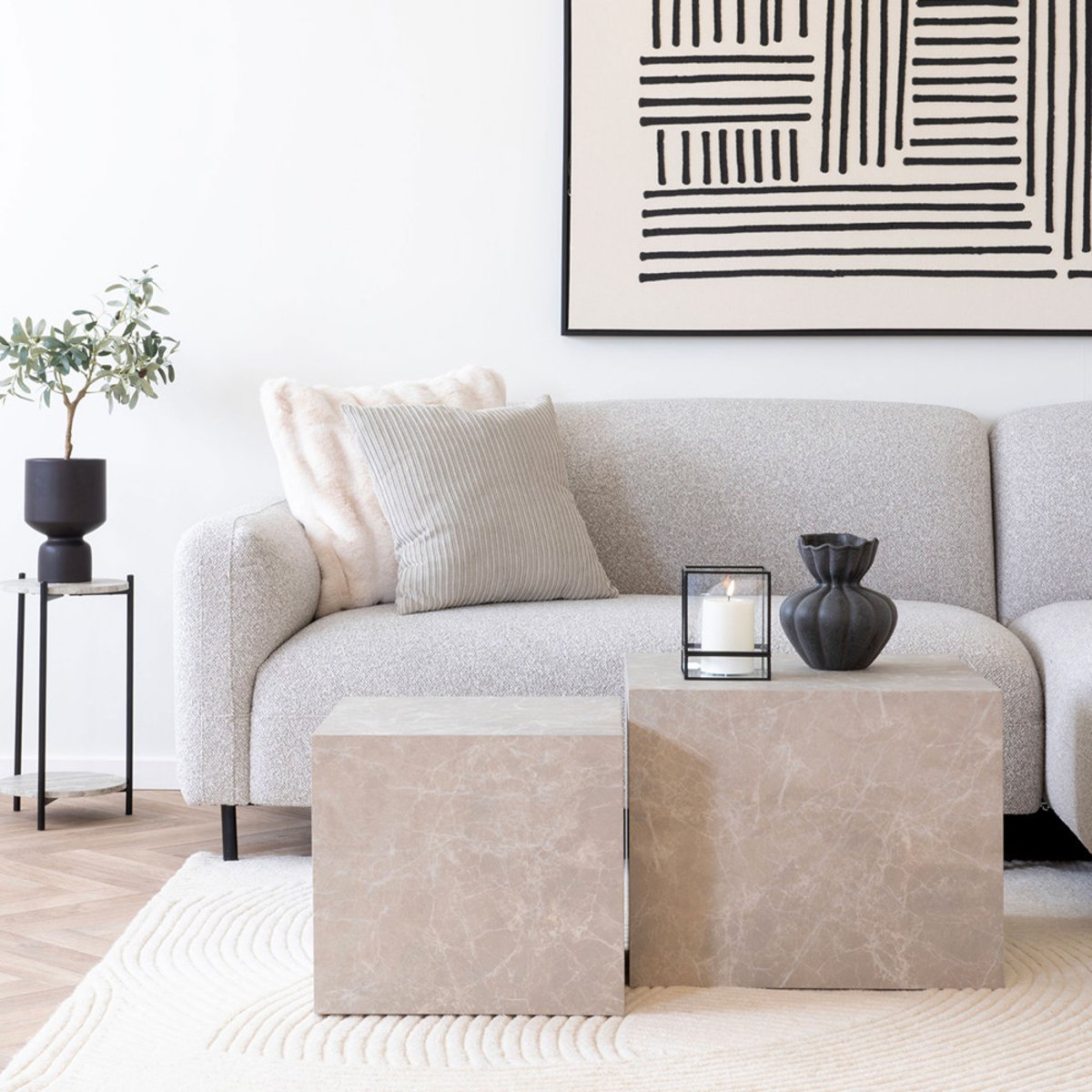 Lot de 2 tables basses carrées effet marbre  - PRAGUE beige, HOUSE NORDIC