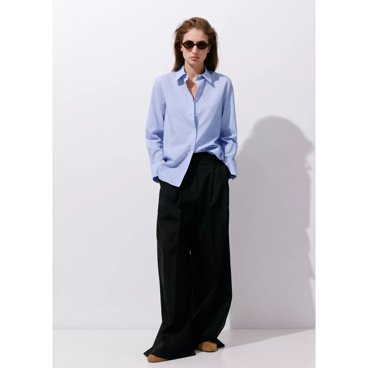 Chemise à rayures en coton et lyocell bleu ciel, MANGO