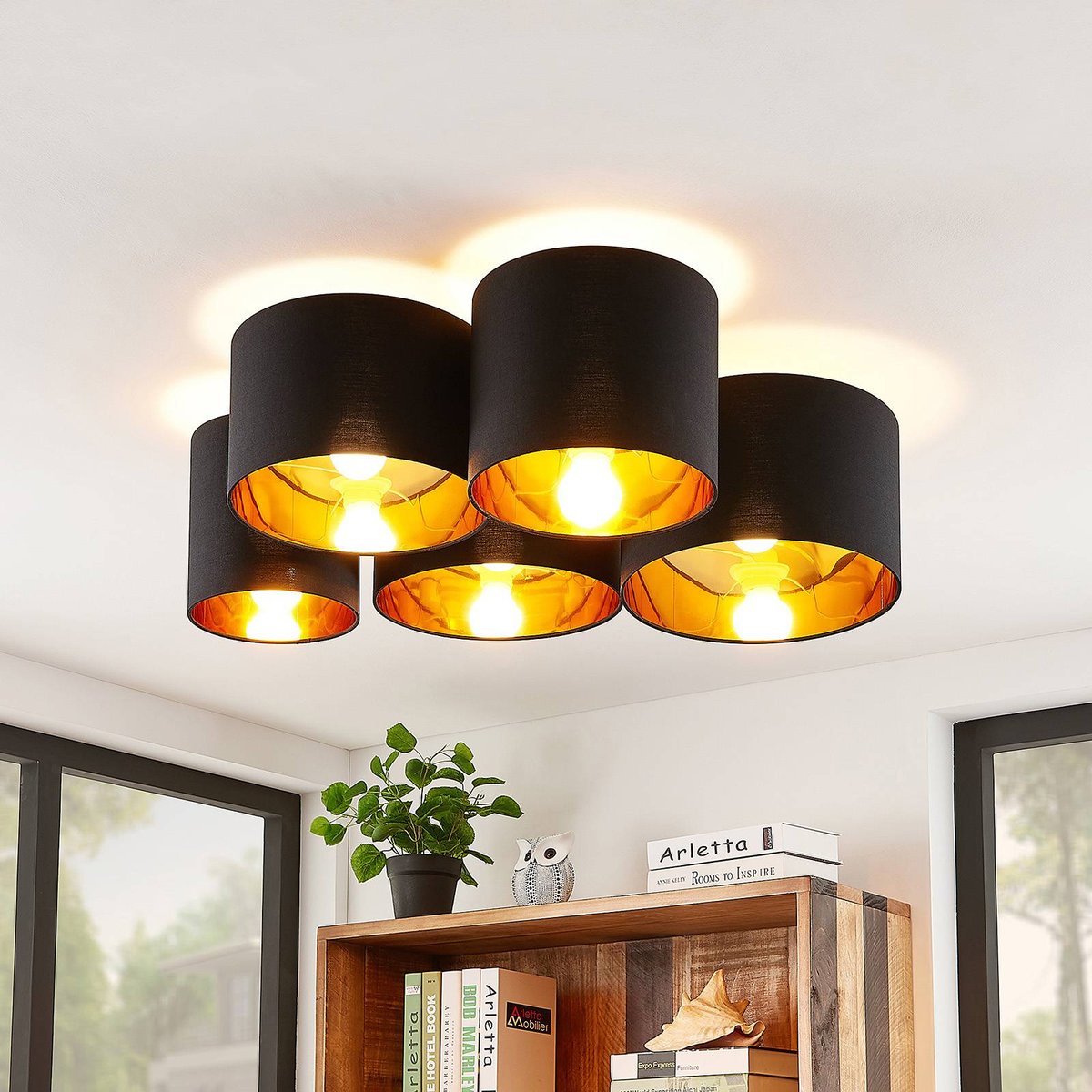 Plafonnier en textile moderne, Laurenz noir, doré, LINDBY