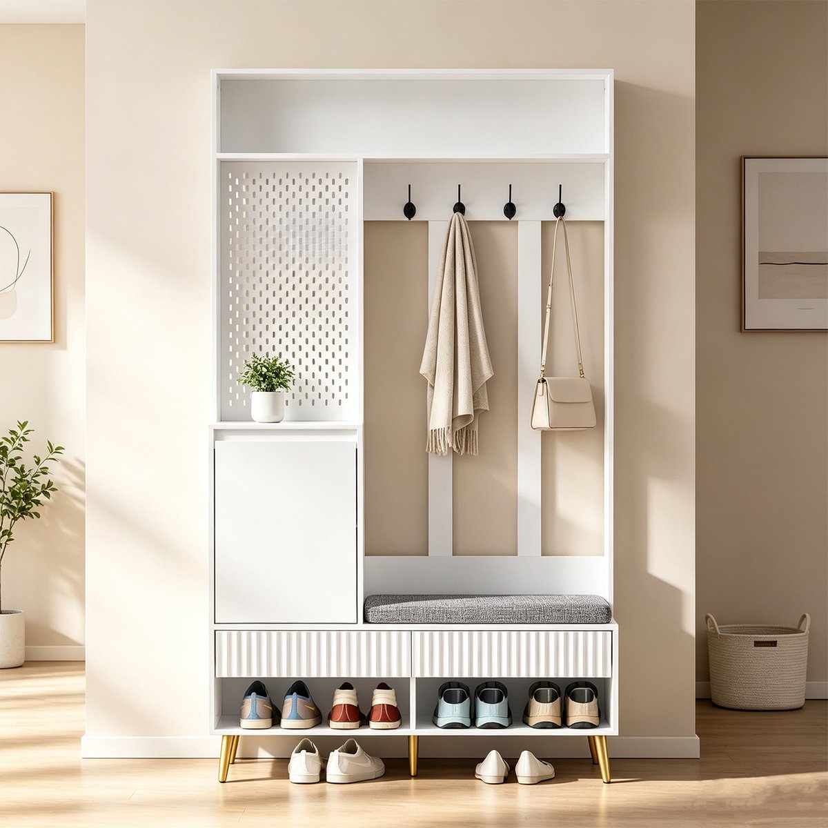 Vestiaire d'entrée avec banc et rangement, PORTER blanc, MEUBLES COSY