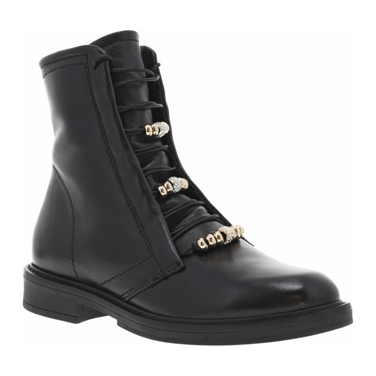 Bottines en cuir noires ornées de perles sur les lacets avec talon décroché bas noires, MJUS