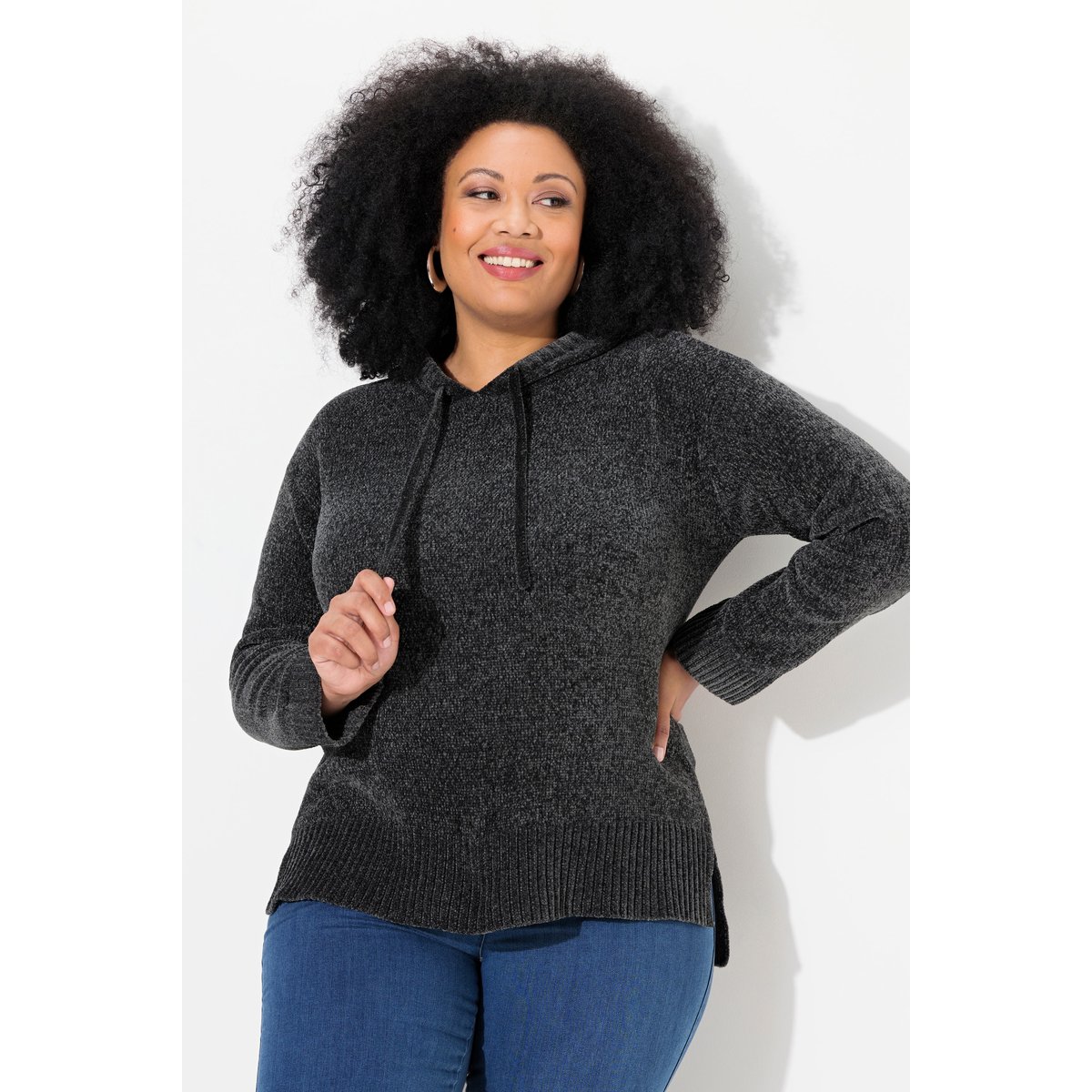 Sweat-shirt en maille chenille gris graphite, ULLA POPKEN