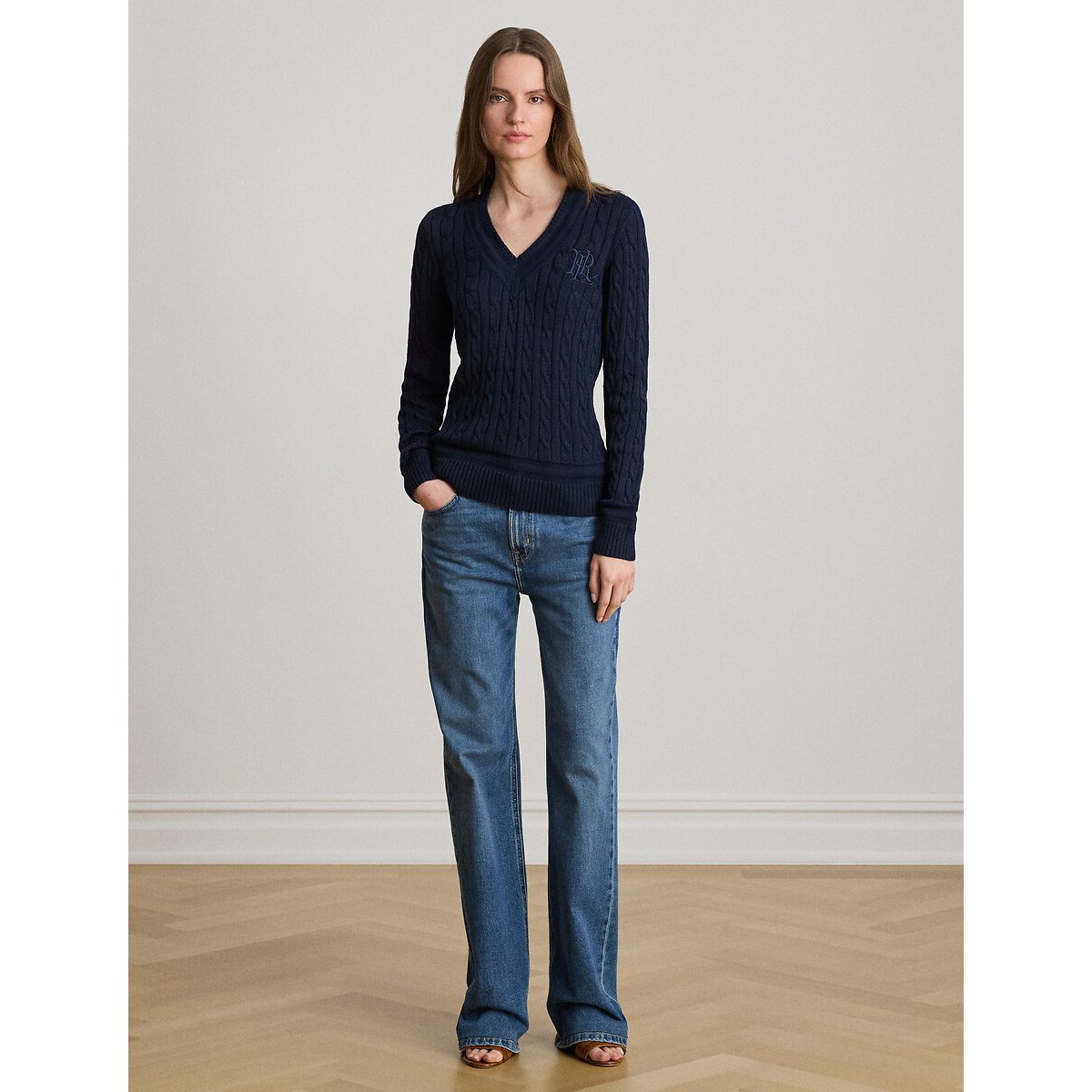 Maglione a trecce scollo a V MEREN blu marino, LAUREN RALPH LAUREN