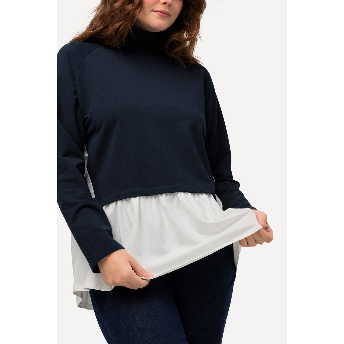 Sweat-shirt en coton bio à col montant et marine, ULLA POPKEN
