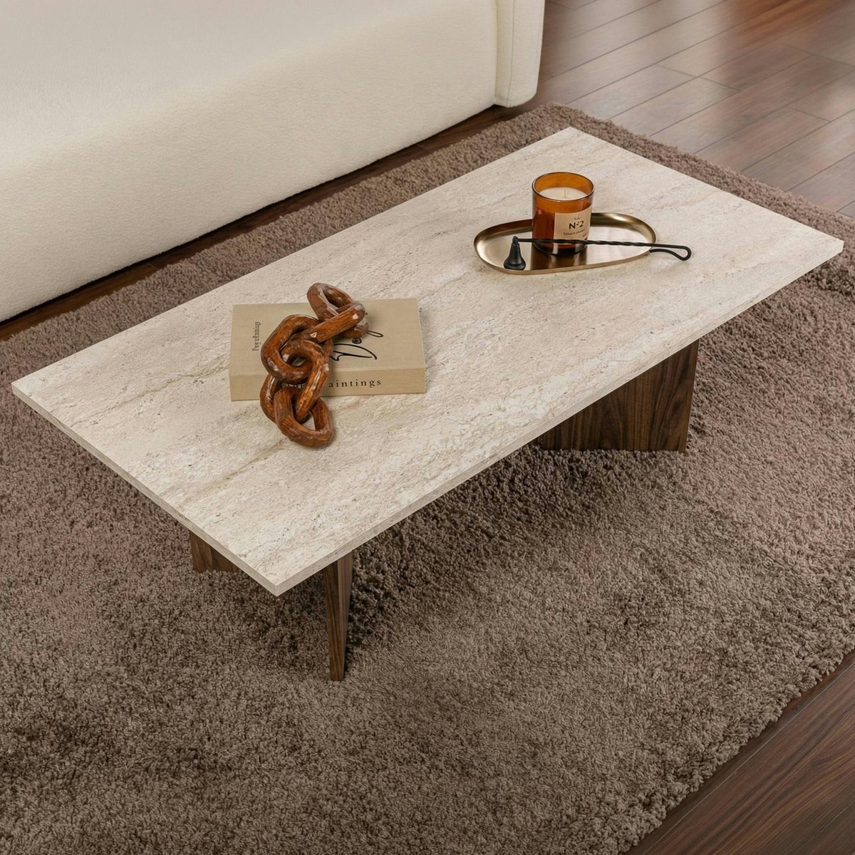 Table basse rectangulaire- pieds V MARFA travertin et noyer, PIER IMPORT