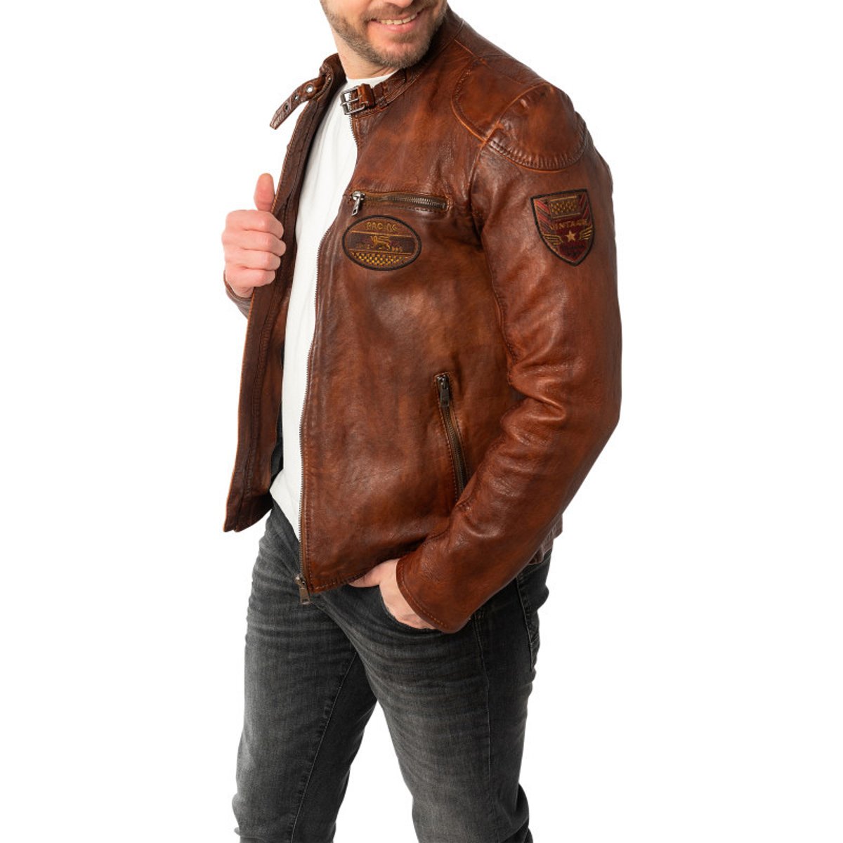 Blouson en cuir de mouton camel avec patchs à coupe droite et à col rond camel, GIPSY