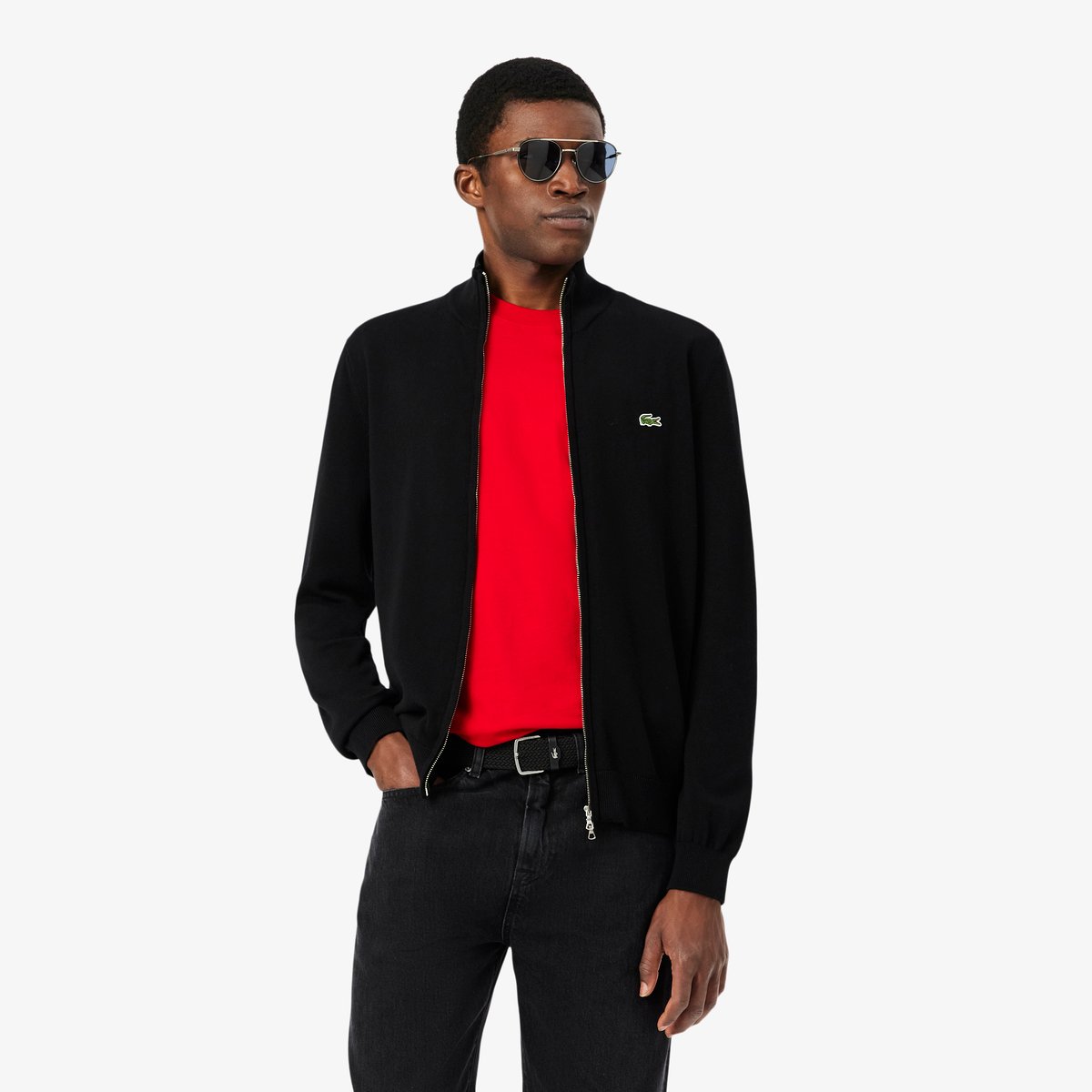 Pull zippé coton uni col montant noir-031, LACOSTE
