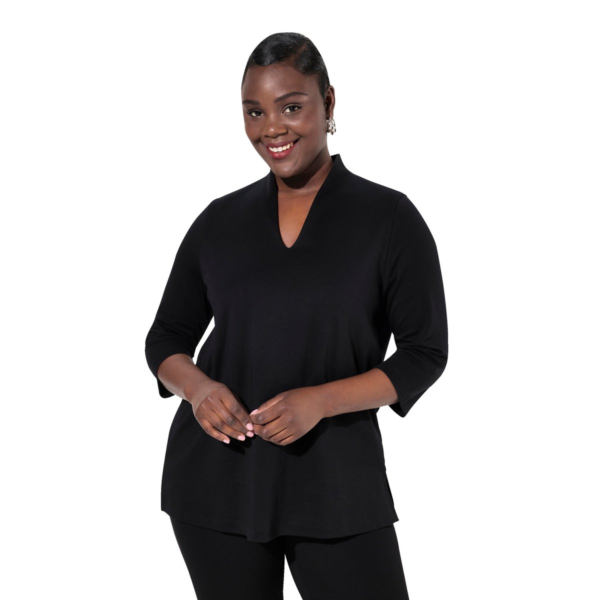 T-shirt à manches 3/4 et col calice en coton noir, ULLA POPKEN
