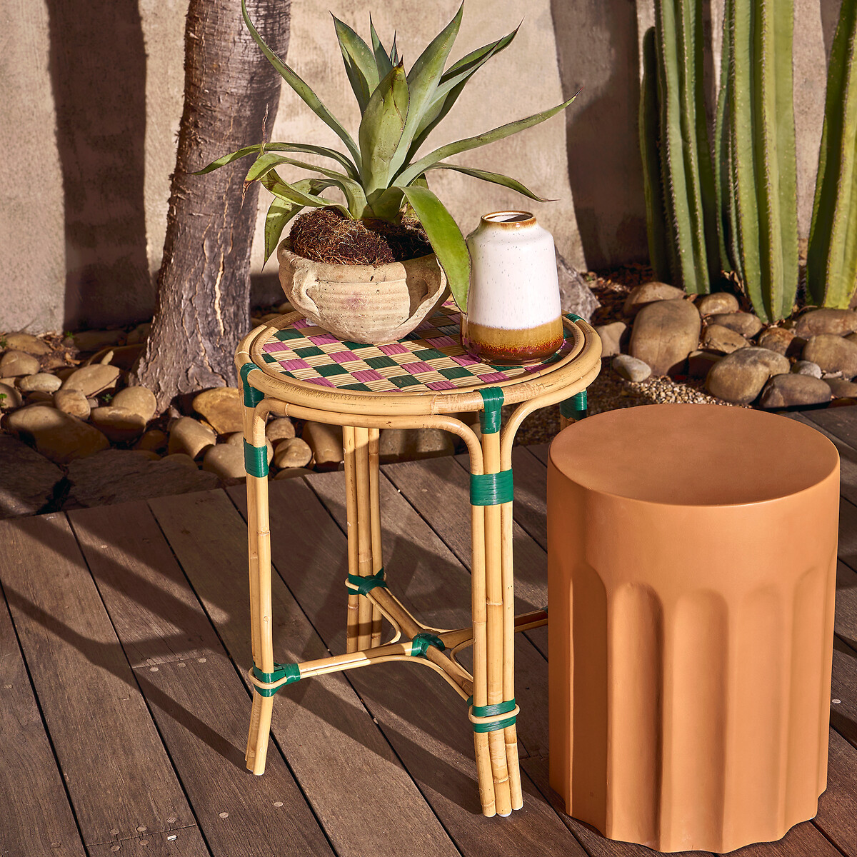 Bianca Rattan and Woven Resin Side Table pink checks, LA REDOUTE INTERIEURS
