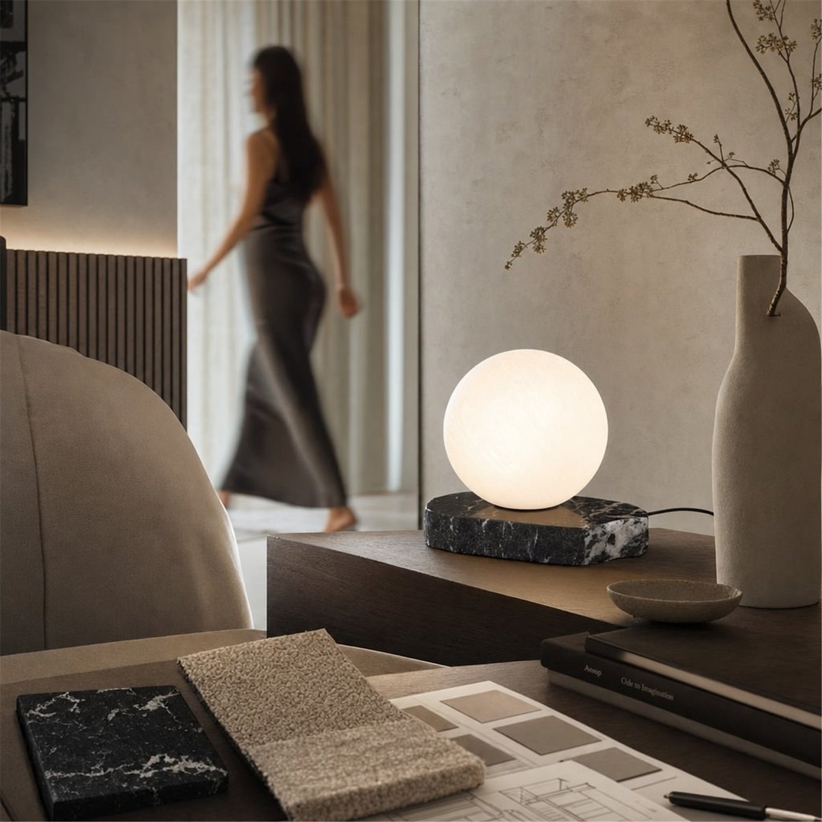 Lampe de table en marbre et verre noir et blanc, RECOLLECTION