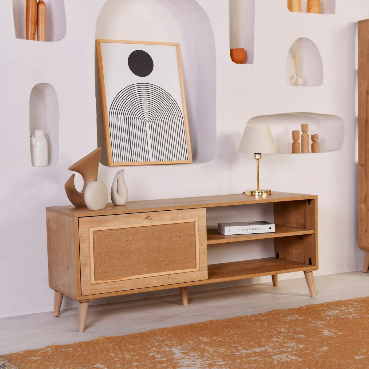 Meuble TV bohème avec porte tissu toile jute MARFA bois naturel, PIER IMPORT