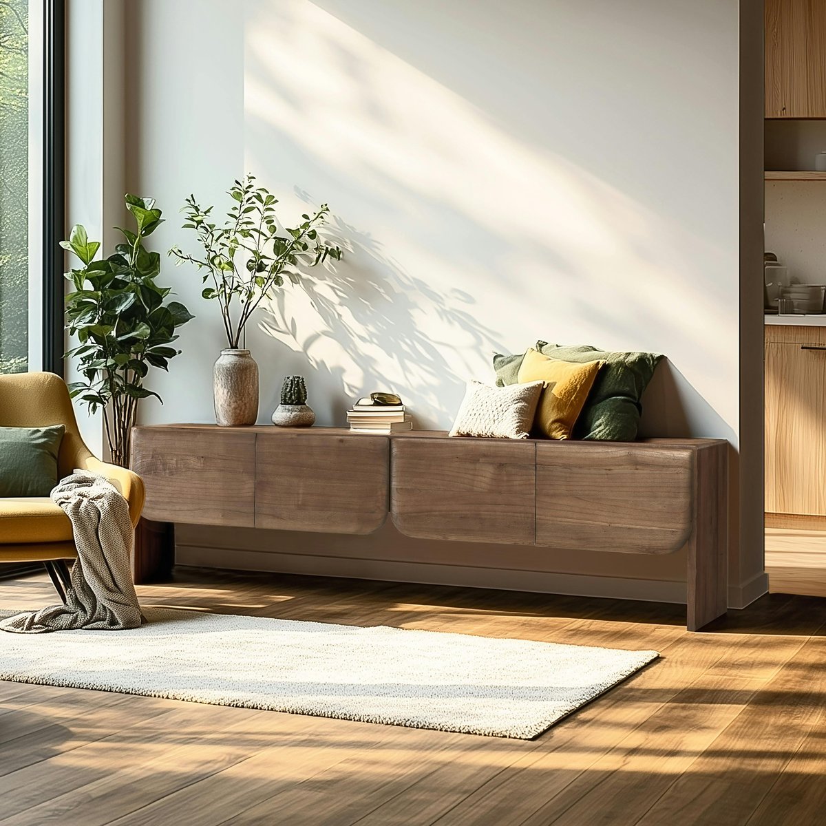 Meuble TV 4 portes en bois de mindi ARCUS bois naturel, PIER IMPORT