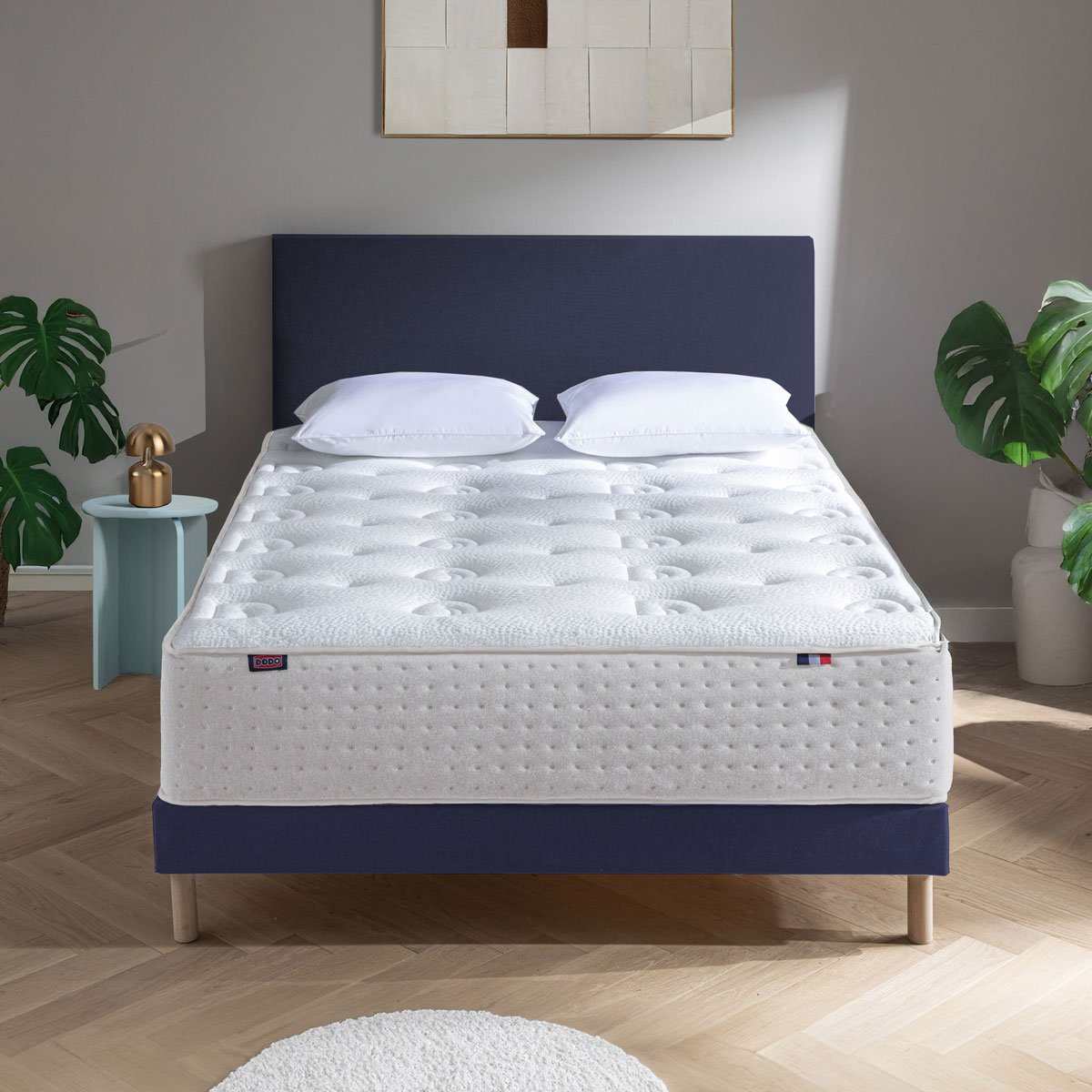 Ensemble - Matelas mi-ferme + sommier + Tête de lit Blanc/Bleu LE VERITABLE blanc, bleu foncé, DODO