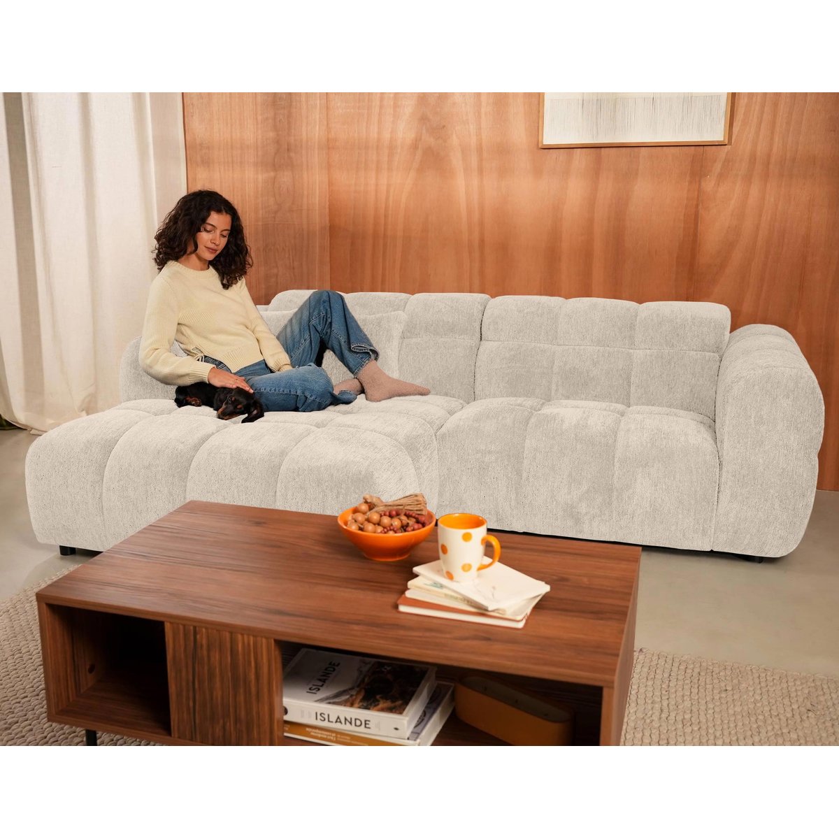 Canapé d'angle gauche en tissu texturé, MINI RAY beige, BEST MOBILIER