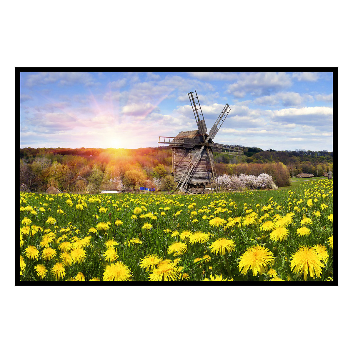 Affiche encadrée moulin à vent dans un champ fleuri affiche + cadre en métal - noir, HEXOA