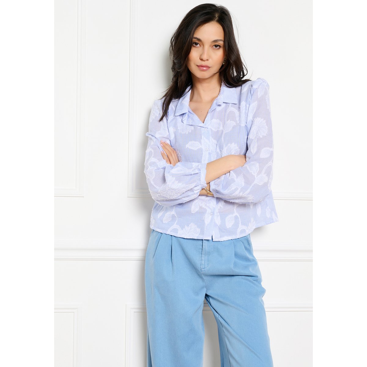 Chemise rayée détails jacquard bleu pastel, LOLALIZA