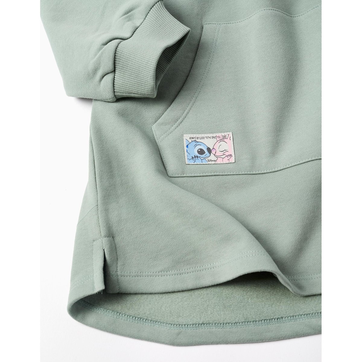 Robe sweat en coton peigné à capuche et imprimé Stitch vert, ZIPPY