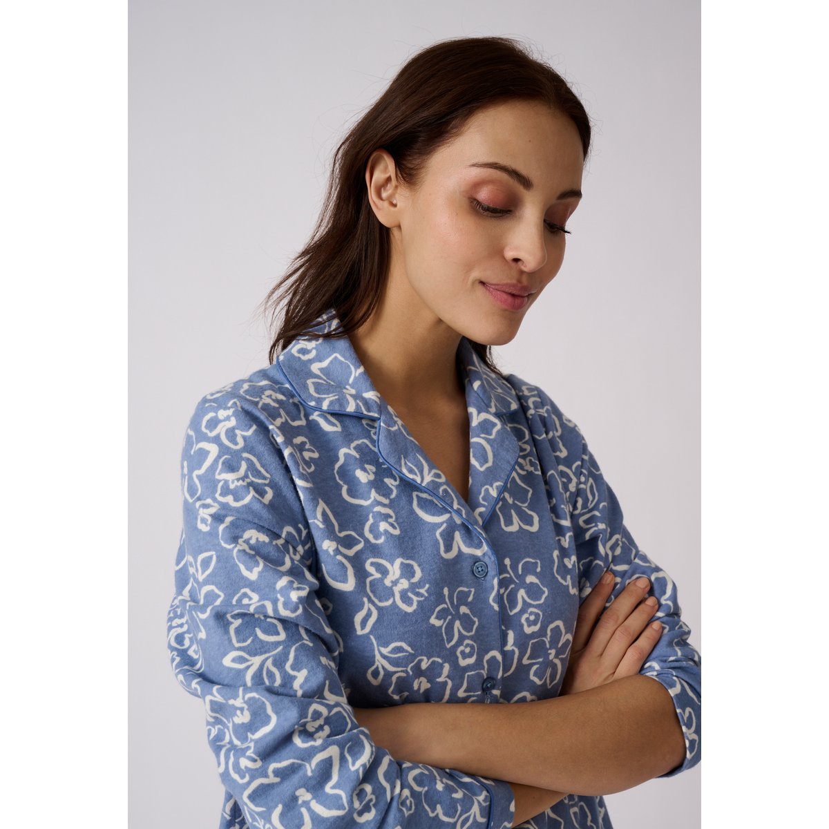 Liquette flanelle en coton manches longues bleu fleuri, DAMART