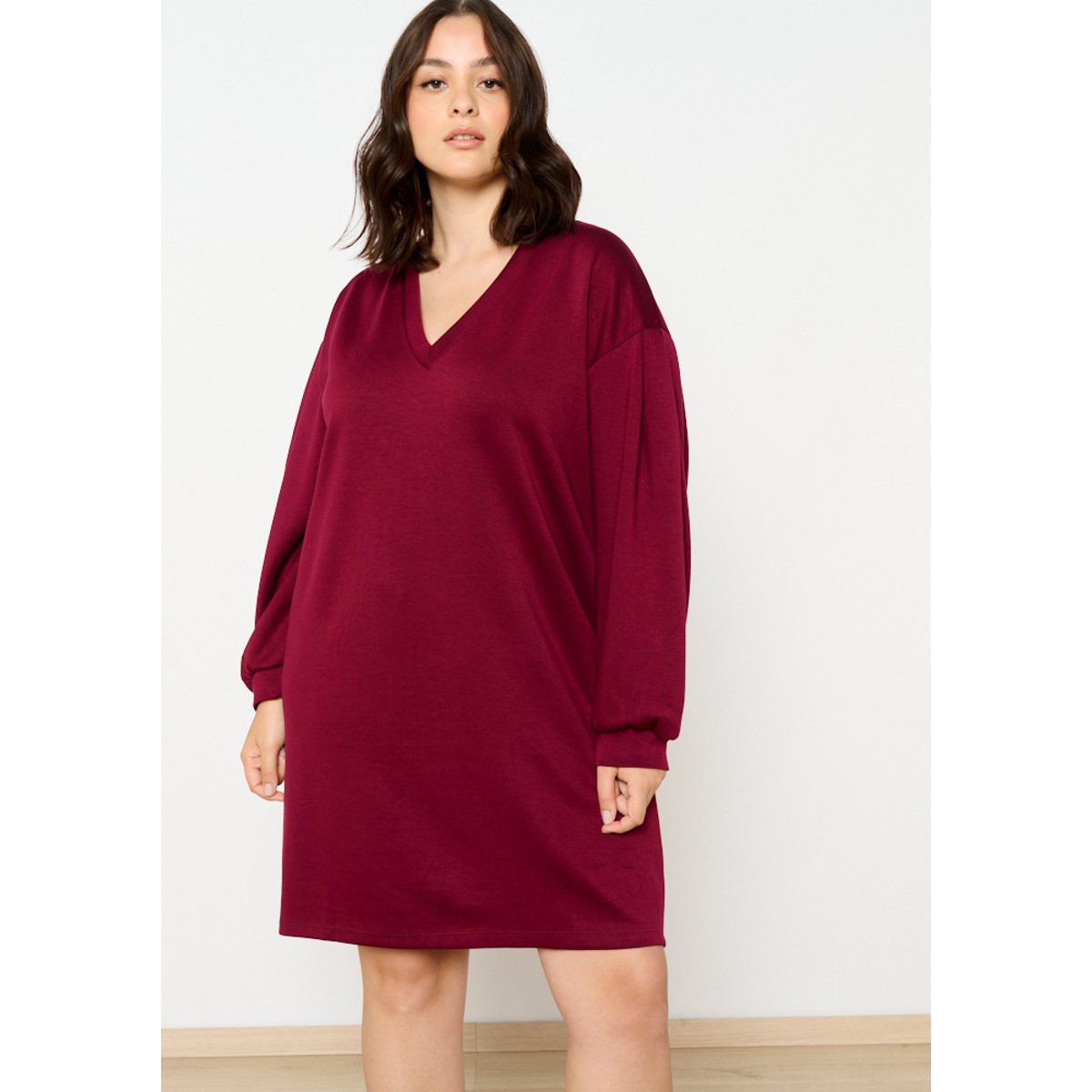 Robe sweat à col V bordeau wine, LOLALIZA
