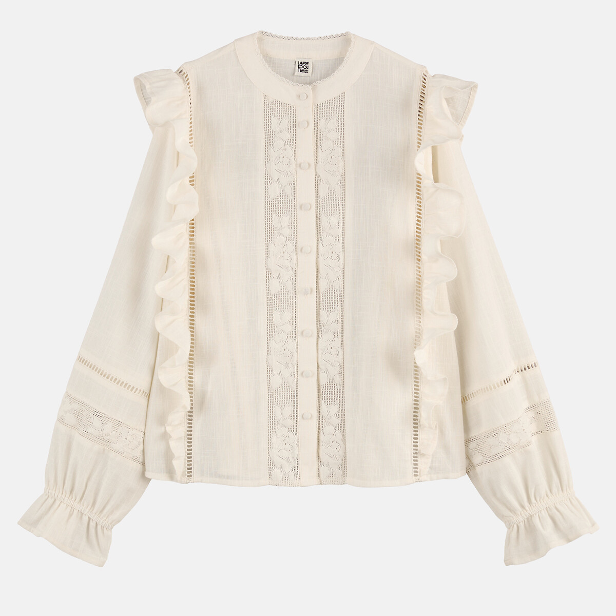 Chemise col rond, avec broderies et volants blanc, LA REDOUTE COLLECTIONS