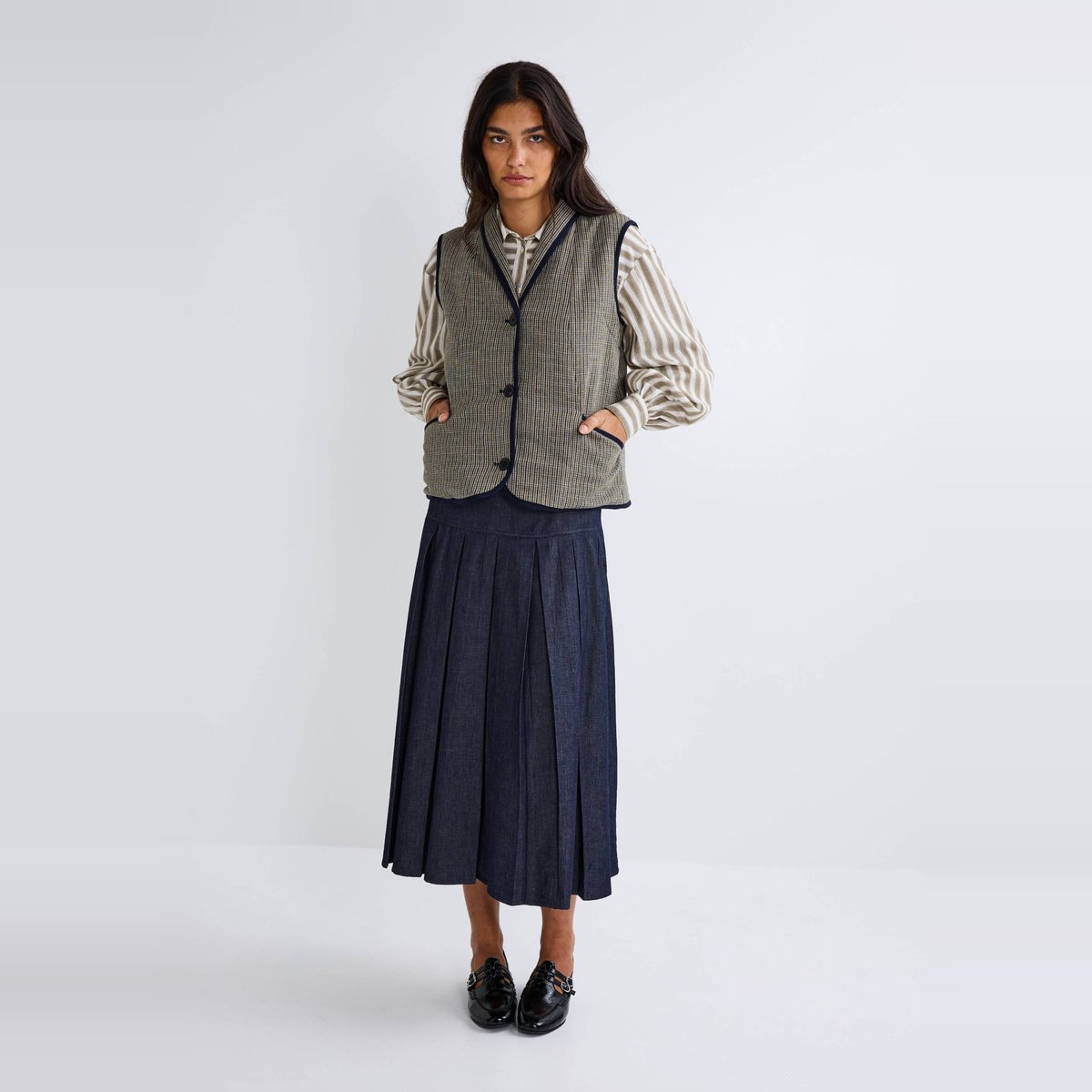 Jupe midi en denim stone denim, MONOPRIX