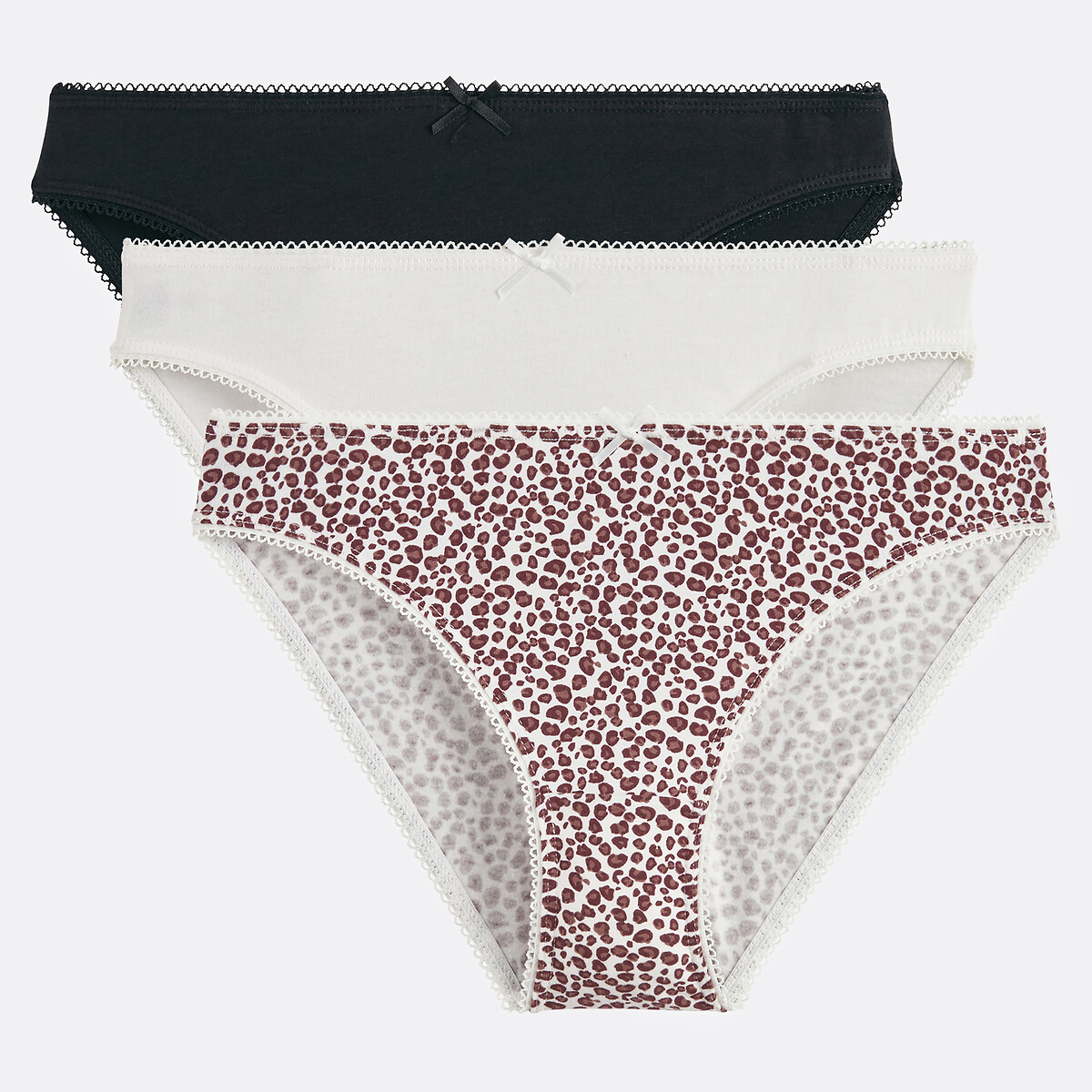 Lot de 3 slips en coton stretch beige/imprimé léopard, LA REDOUTE COLLECTIONS