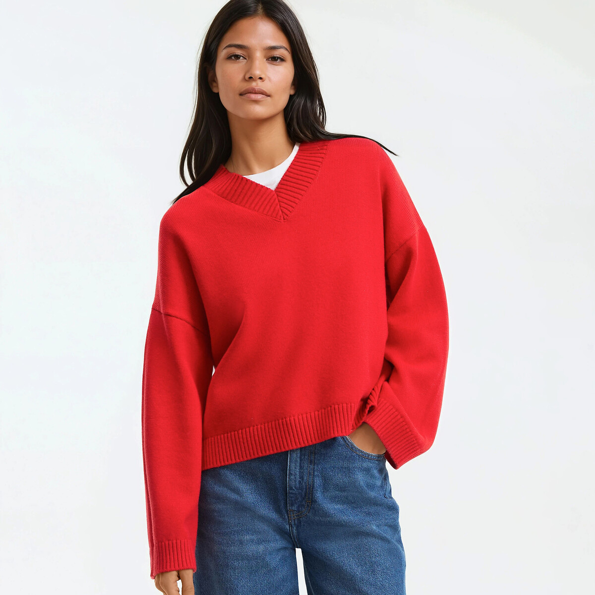 Pull col V, en laine et coton mélangés rouge, LA REDOUTE COLLECTIONS