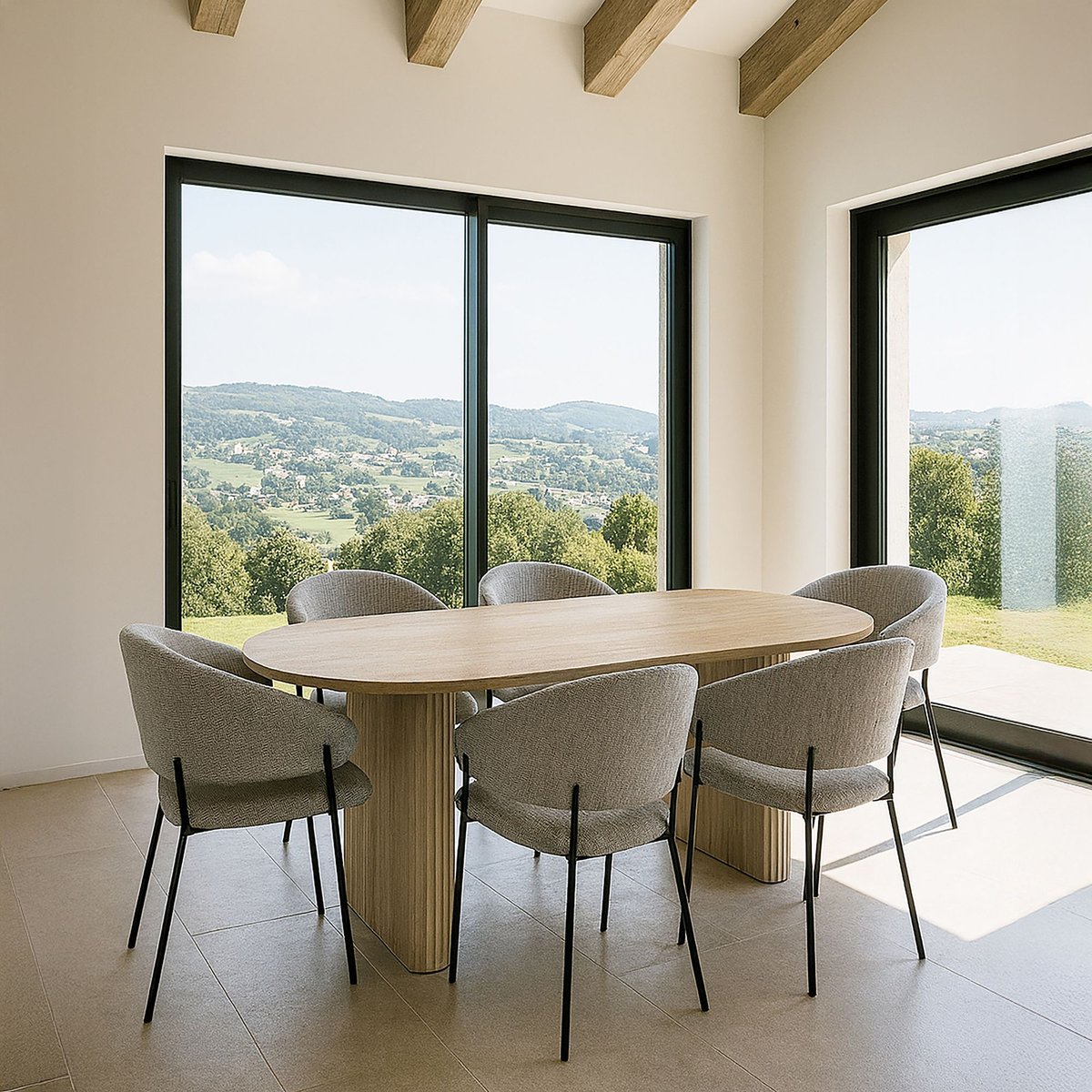 Ensemble table ovale et 6 fauteuils en tissu couleur unique, NOW'S HOME