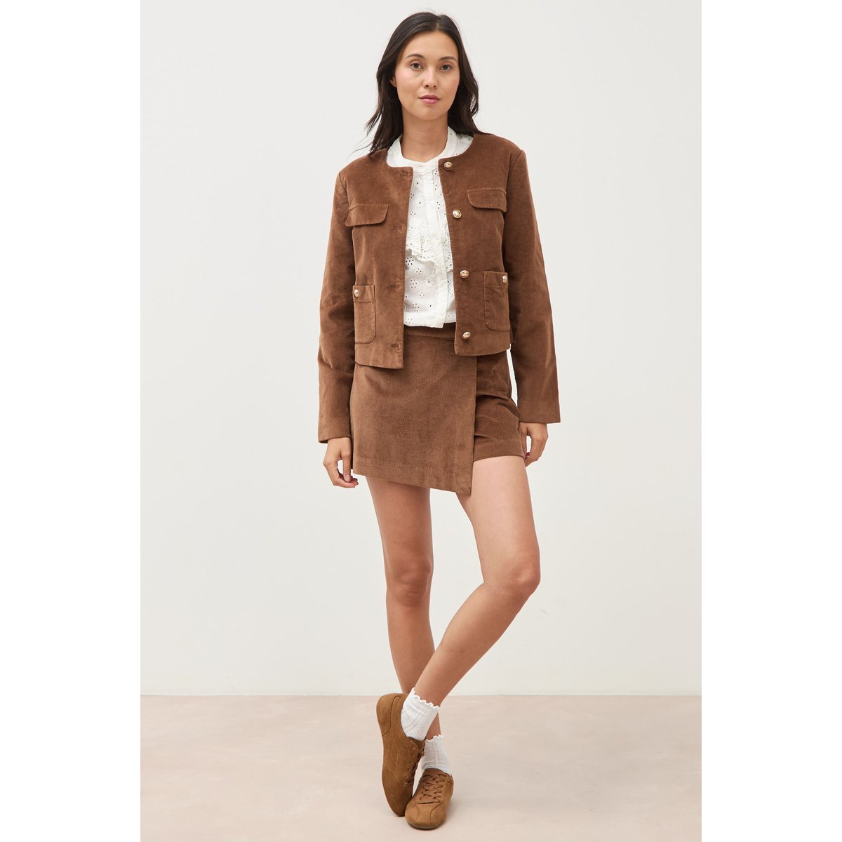 Jupe taille haute en velours vieux rose, BONOBO
