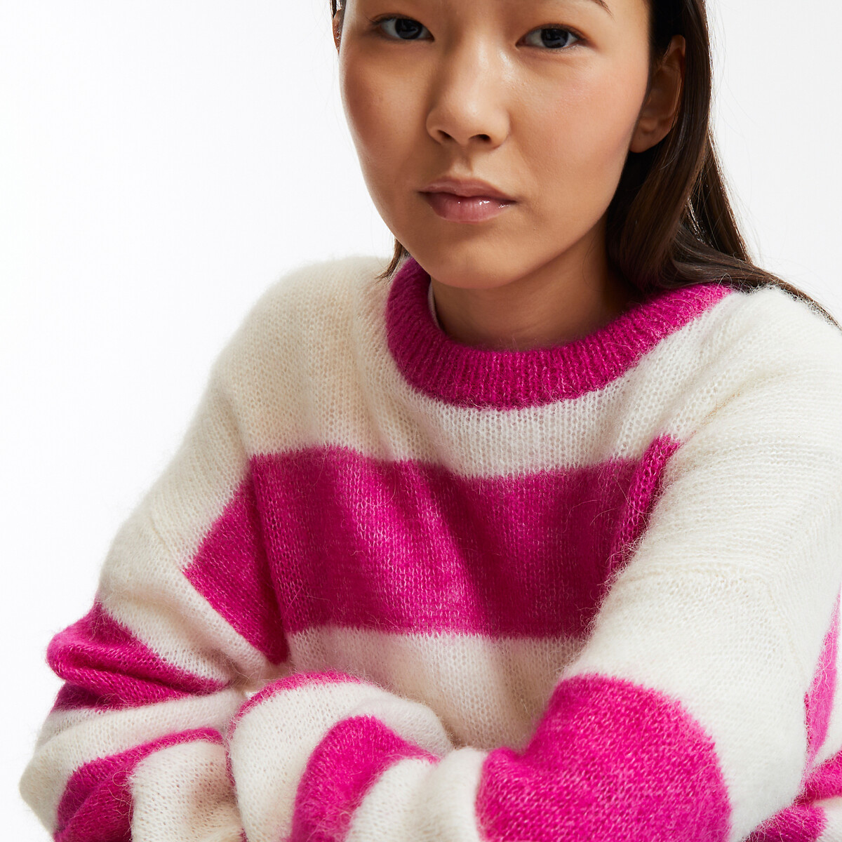 Striped Crew Neck Jumper in Alpaca Blend pink striped, LA REDOUTE COLLECTIONS