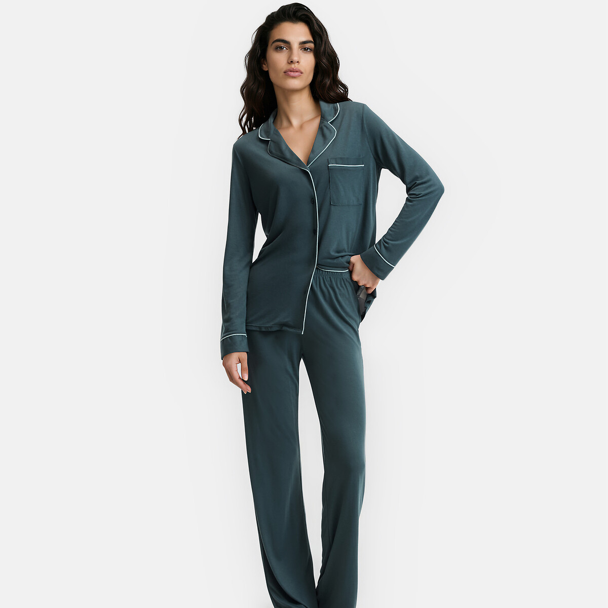 Pyjama manches longues, maille viscose pétrole, ANNE WEYBURN