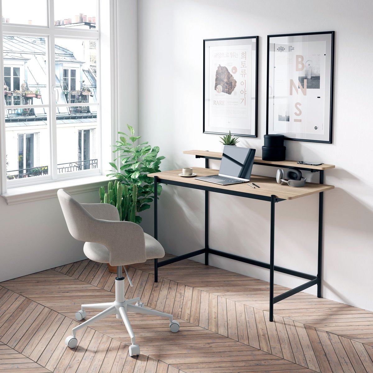 Bureau en MDF et métal, NÉRO chêne-noir, HISPANOHOGAR