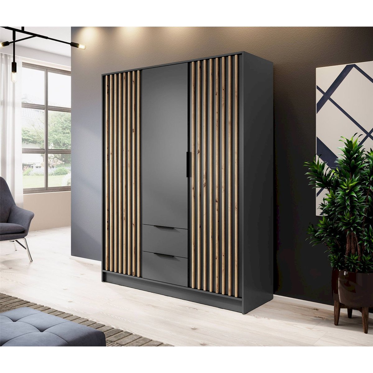 Armoire 3 portes à lattes collection KARETTE gris et bois clair, RECOLLECTION