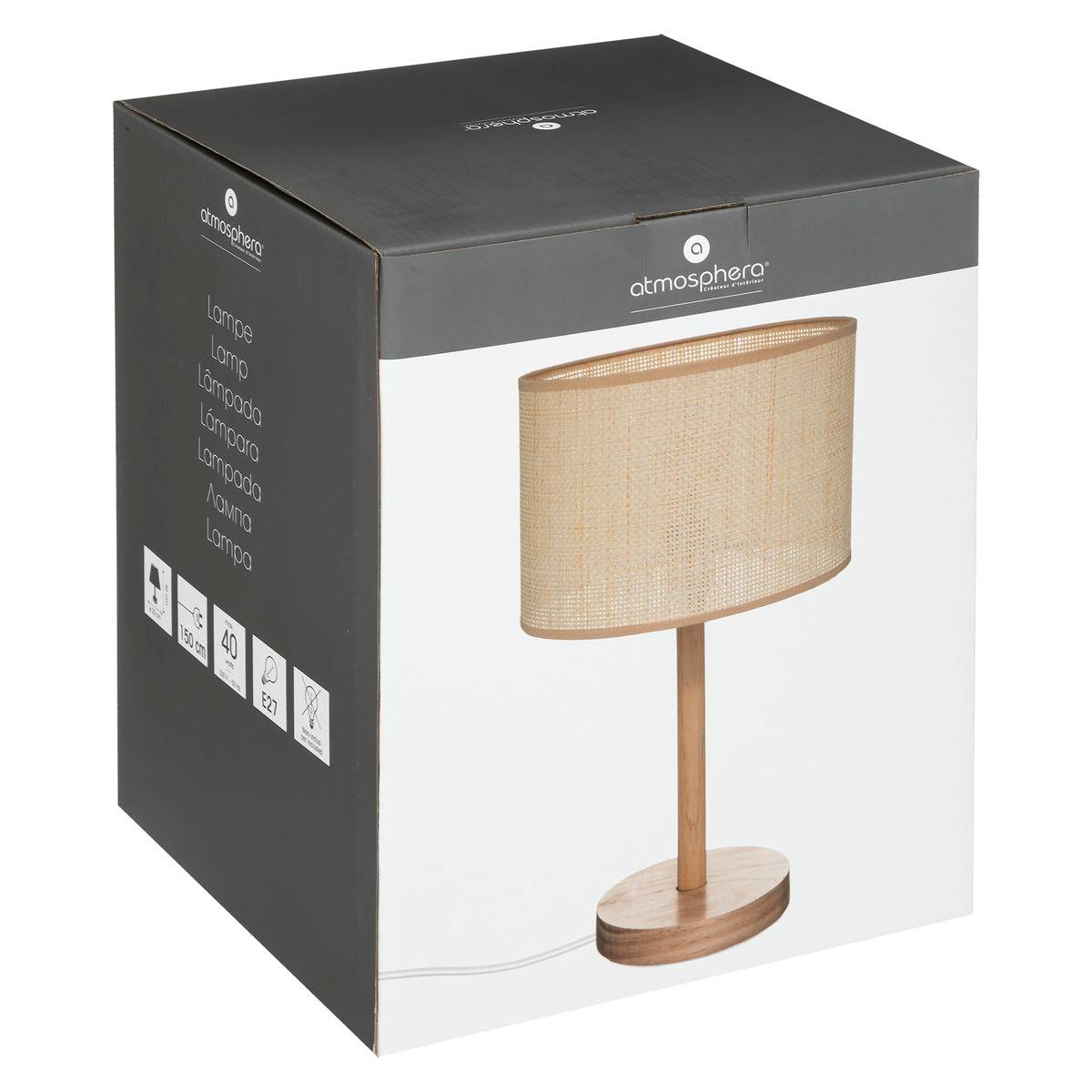 Lampe à poser en bois de pin abat-jour en paille DELLA beige, ATMOSPHERA