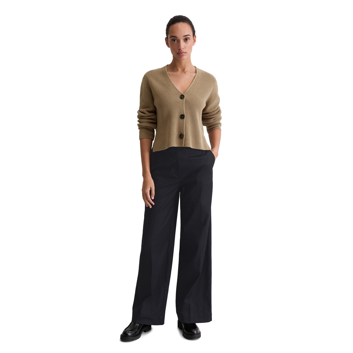Cardigan col V relaxed en coton organique lourd marron, MARC O'POLO