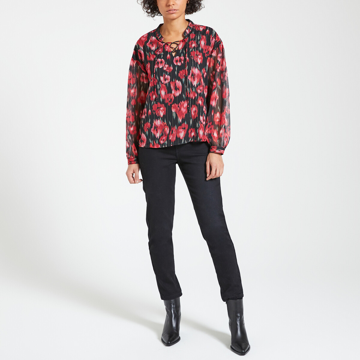 Floral Crew Neck Blouse with Long Sleeves red/black, ONLY