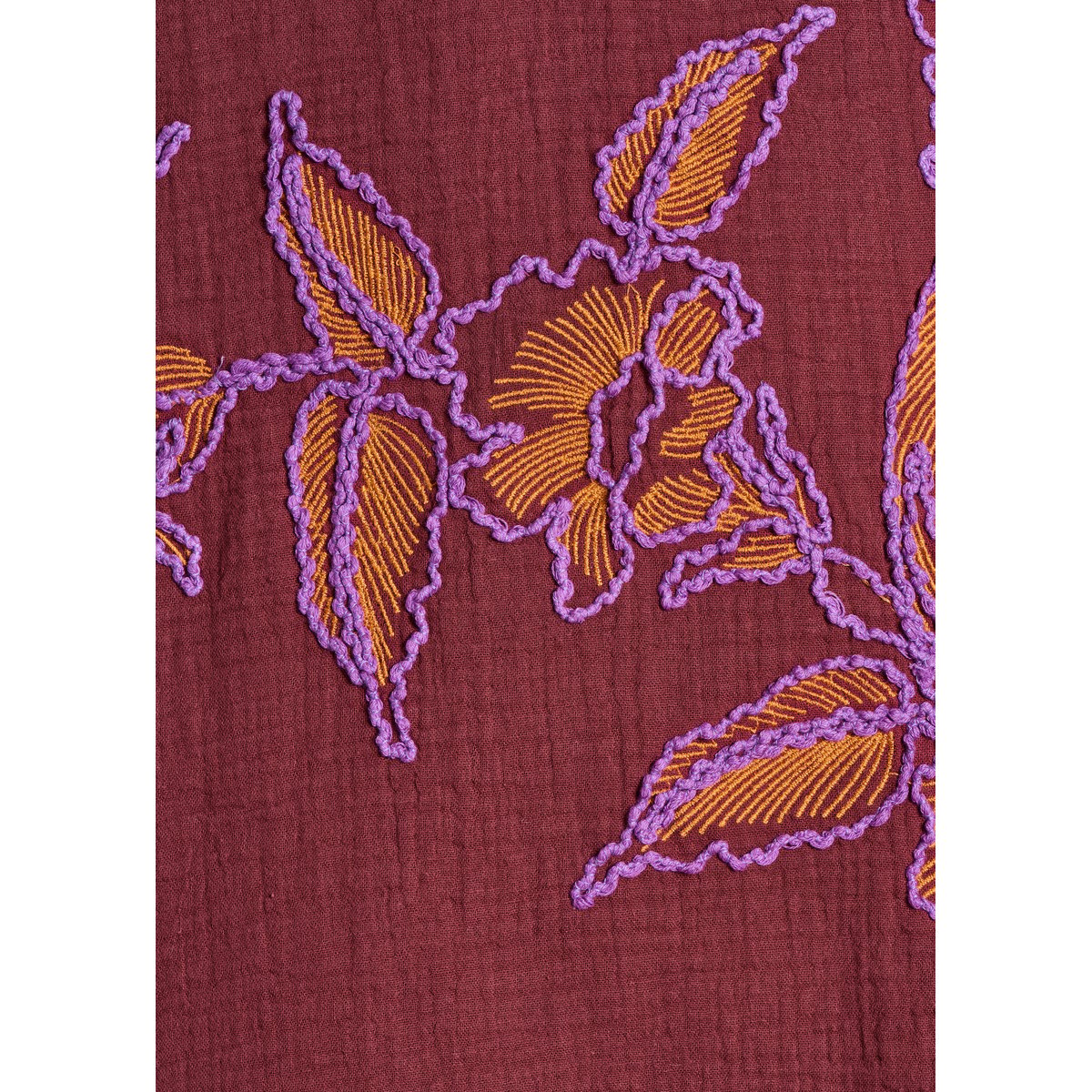 Robe courte en gaze de coton brodée col V mahogany, LA FEE MARABOUTEE