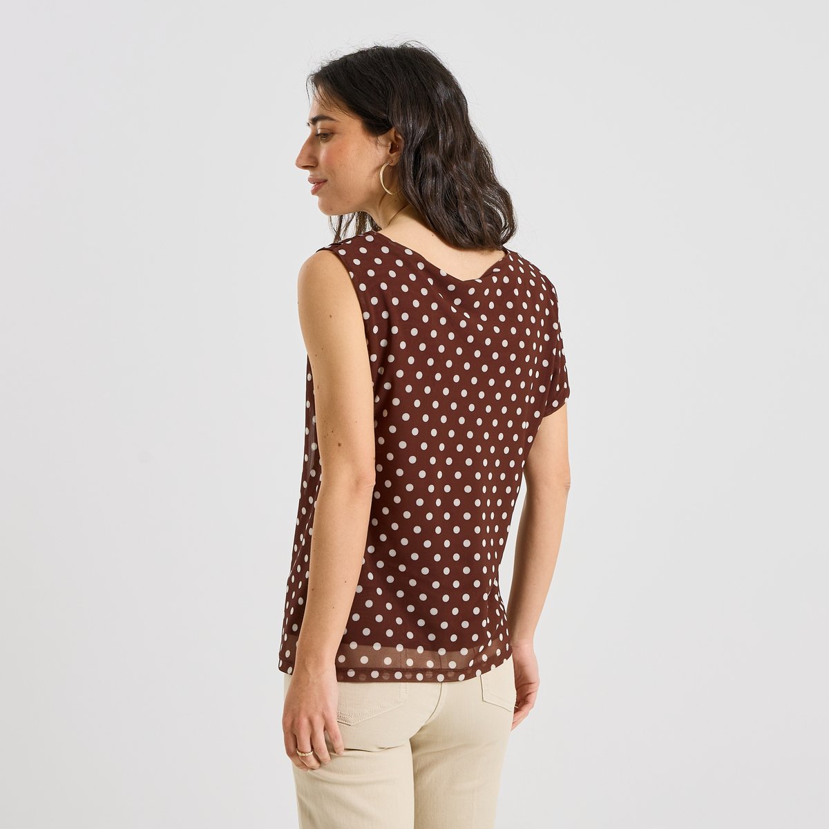Top asymétrique imprimé pois marron chocolat, GRAIN DE MALICE