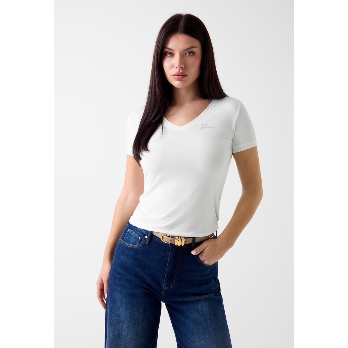 T-Shirt Avec Logo En Strass blanc, GUESS
