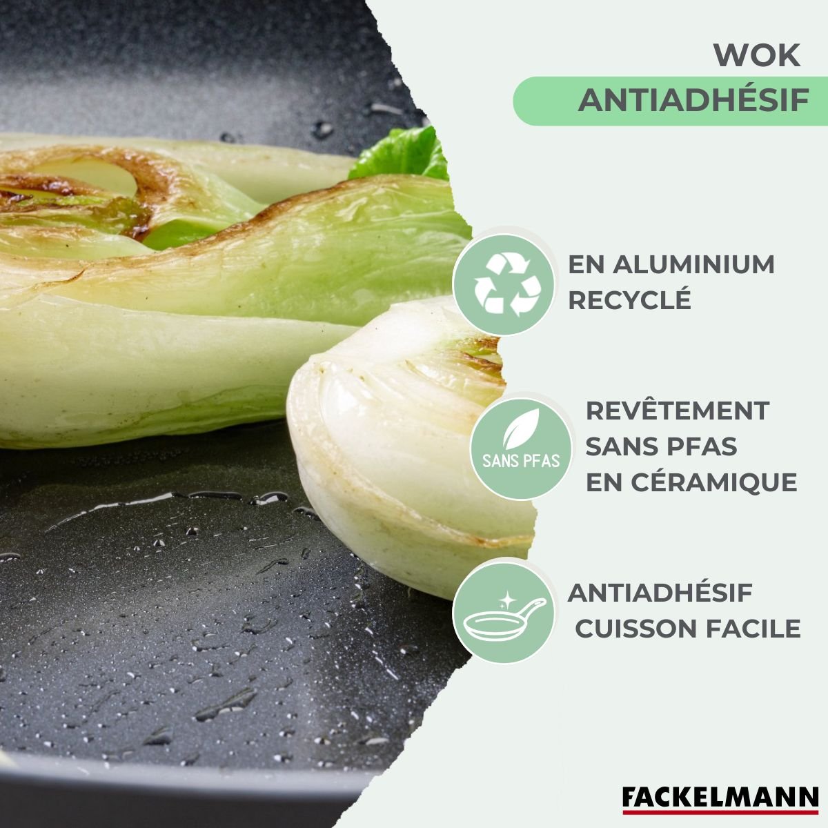 Wok 28 cm aluminium revêtement céramique antiadhésif BRANDAO vert,noir, FACKELMANN