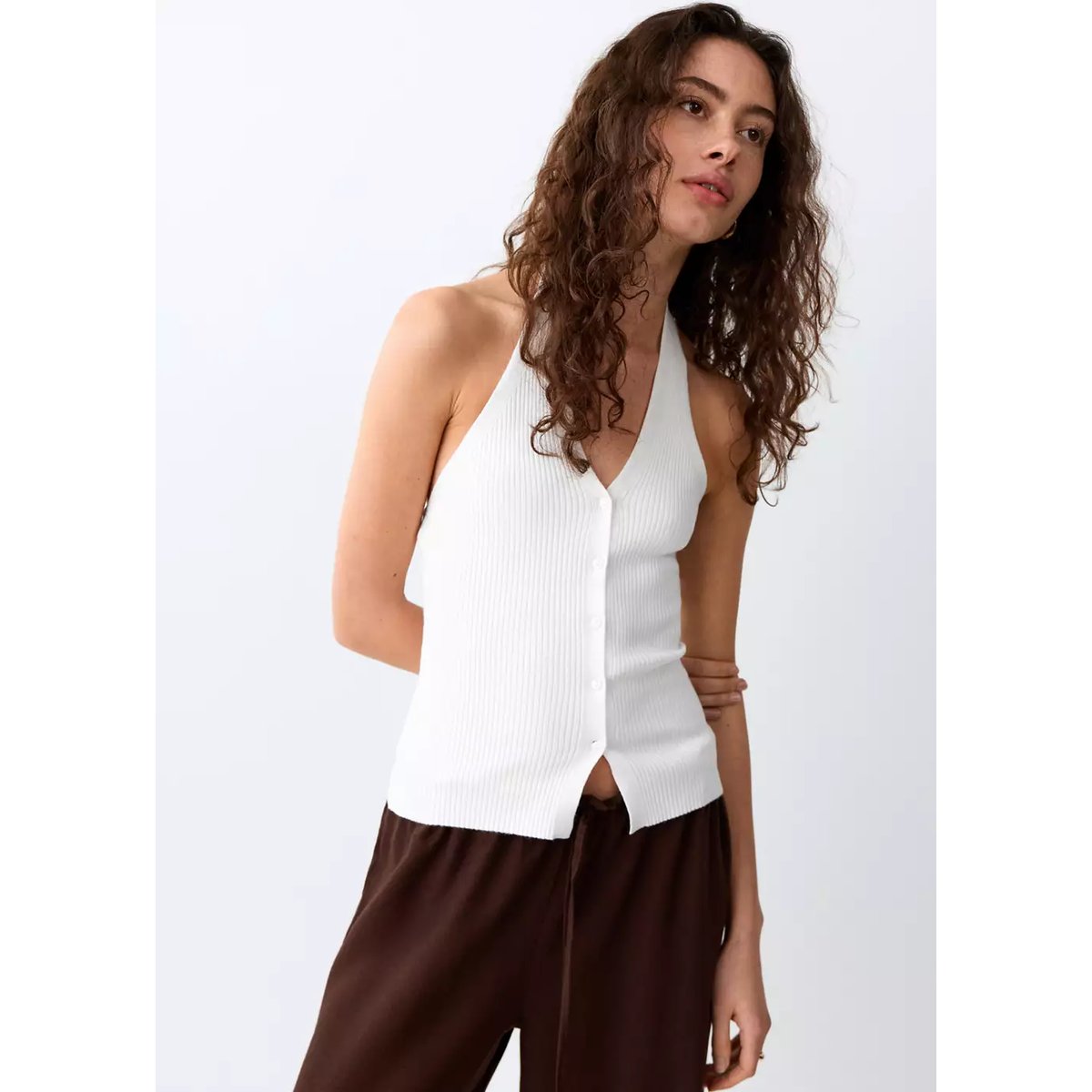 Top maille côtelée à emmanchures américaines blanc, MANGO TEEN