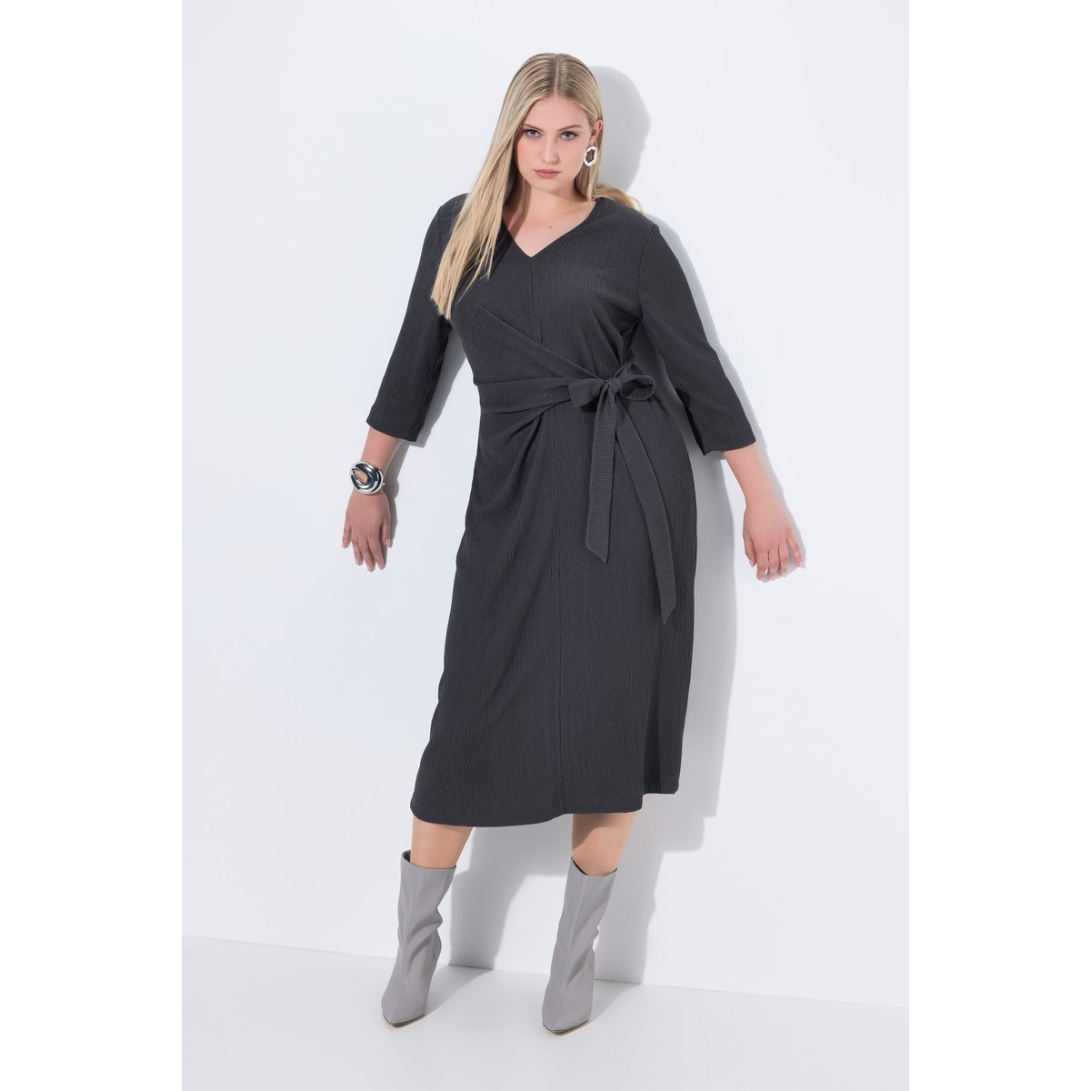 Robe portefeuille, longueur midi chiné gris moyen, ULLA POPKEN
