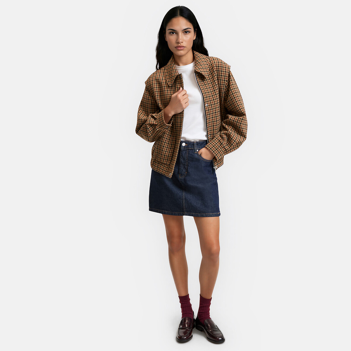Blouson à carreaux à col chemise carreaux beige, LA REDOUTE COLLECTIONS