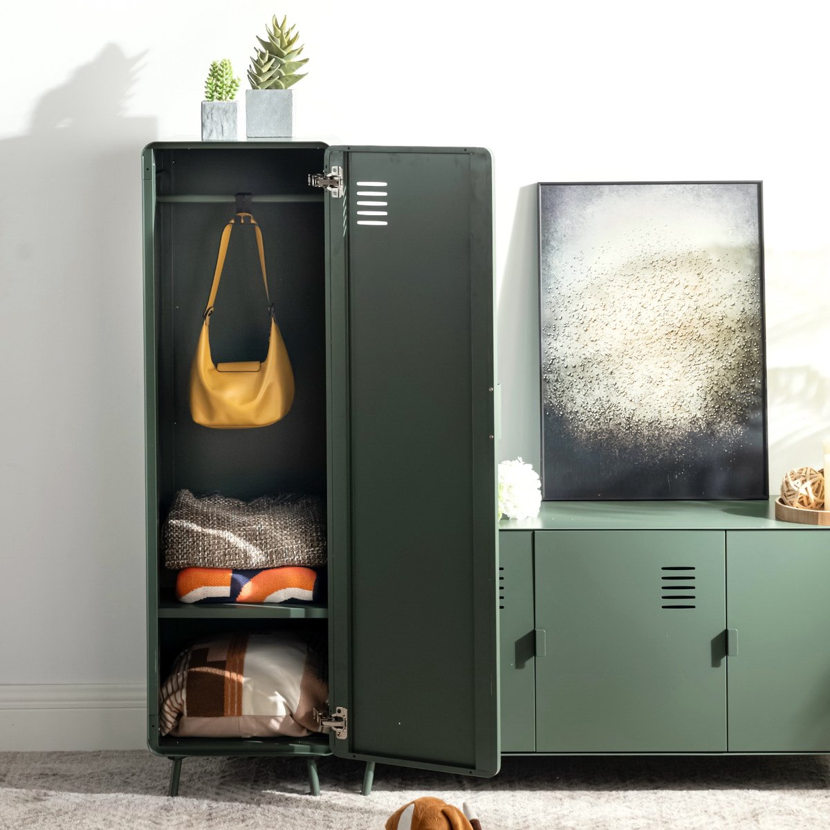Armoire de rangement avec 1 portes 2 couches et 1 rail en métal industriel, WALNUTLIVING vert foncé, MEUBLES COSY