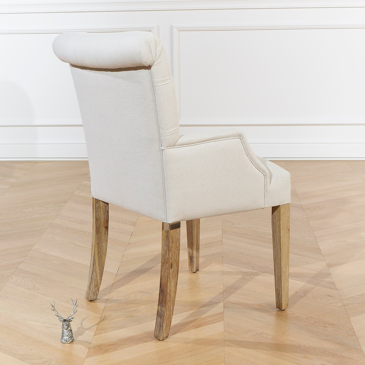 Fauteuil de table capitonné style contemporain en hévéa et lin coton AGATA ficelle, ROBIN DES BOIS