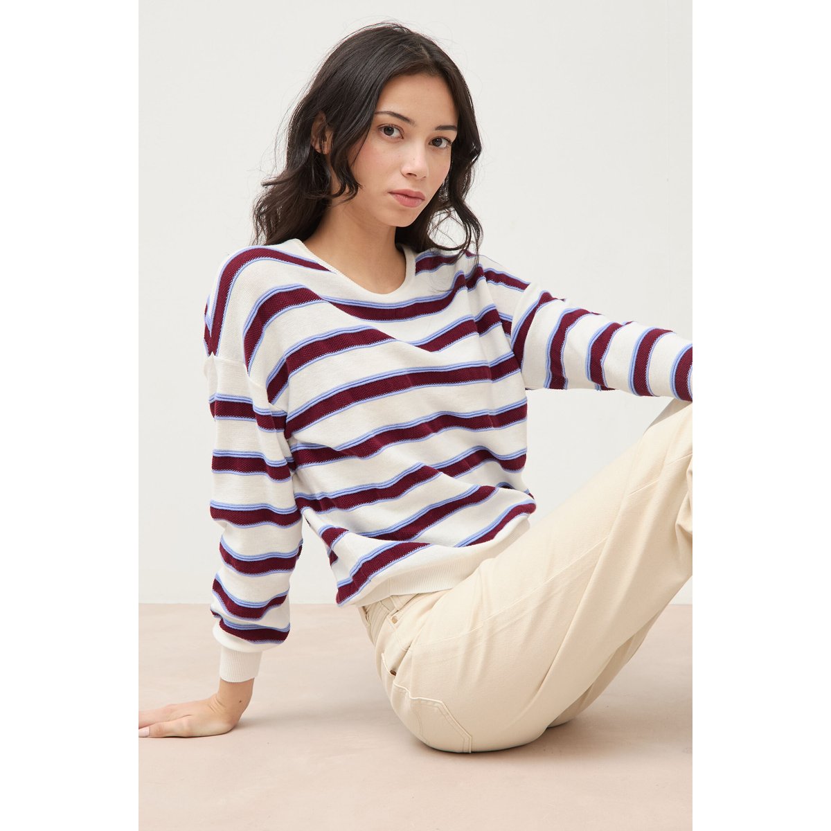 Pull col rond manches longues en coton marron chocolat, BONOBO