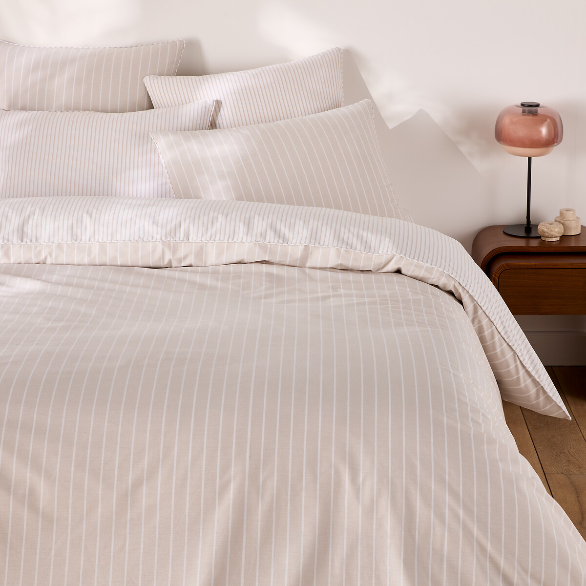 Edward Duvet Cover in Cotton Percale striped beige, LA REDOUTE INTERIEURS
