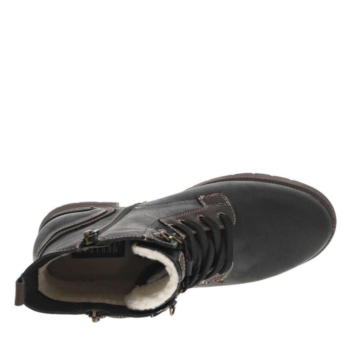 Bottines noires à talon décroché bas avec un zip et des lacets ronds noires, MUSTANG