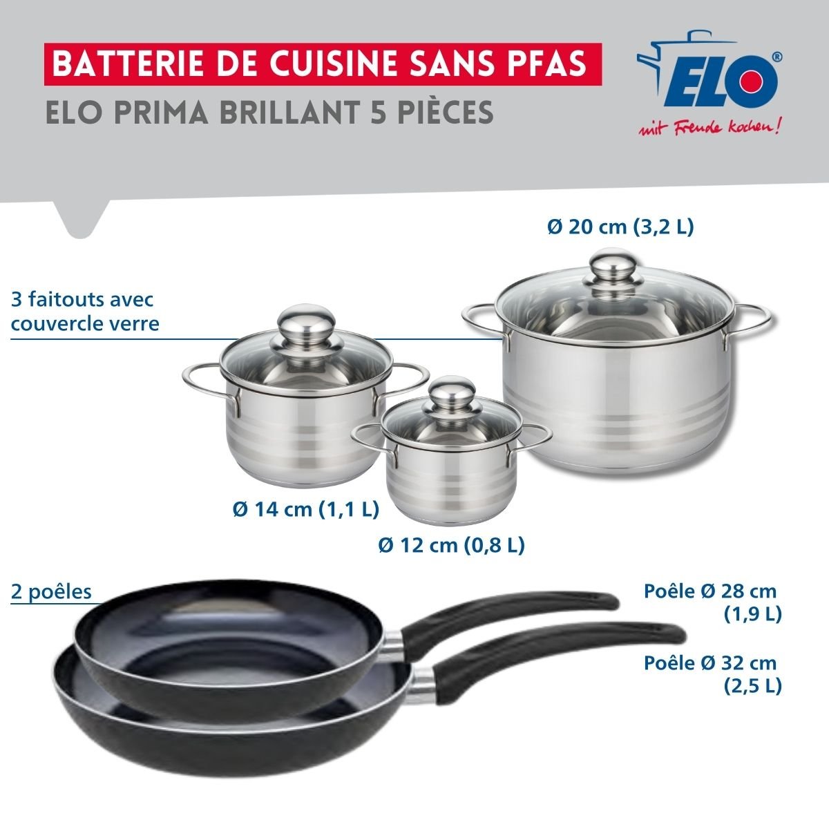 Batterie 2 poêles 28/32cm + 3 faitouts 12/14/20cm PRIMA BRILLANT noir, ELO