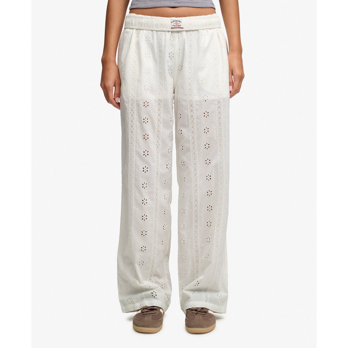 Pantalon Broderie Anglaise Coupe Droite blanc cassé, SUPERDRY
